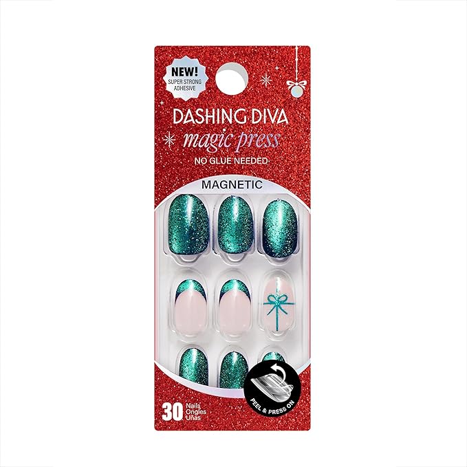 Dashing Diva Magic Press Magnetic Nail Set - Bow Down - Medium Almond Press Ons - Long Lasting Gel - Lasts Up to 10 Days - Gel Set - 4-Piece Manicure Kit with 30 Nails