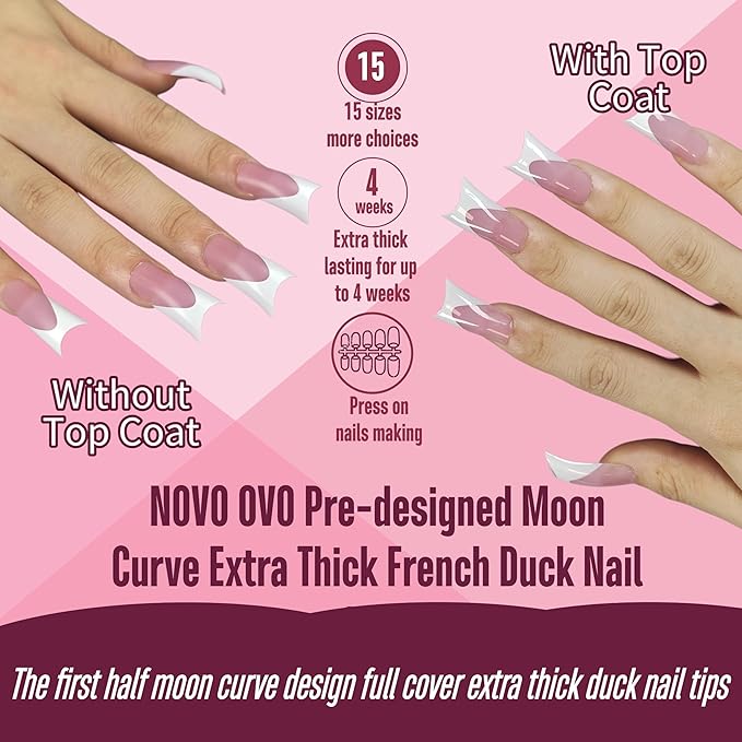 NOVO OVO Halloween White French Tip Duck Feet Nail Tips BERRY PINK Full Cover Press on Acrylic with Moon Curve, Thick Medim Long Pre-Etched Matte Wide Soft Gel False Nail Extension x 15 Sizes 150 pcs