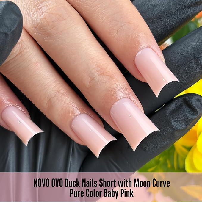 NOVO OVO Short Duck Nail Tips 240Pcs - Solid Baby Pink Soft Gel Flare Duck Feet Nails for Wide Nail Beds, Thick Full Cover False Nail Press Ons, Pre-Shaped Y2K Style Manicure (15 Sizes)
