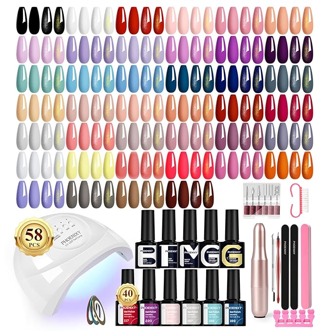 PHOENIXY 58 PCS Gel Nail Kit, 40 Colors Gel Nail Polish Kit with U V Light and Drill 5 Pcs Base Glossy Matte Glitter Top Coat White DIY at Home Nail Salon Art Kit Gift for Women