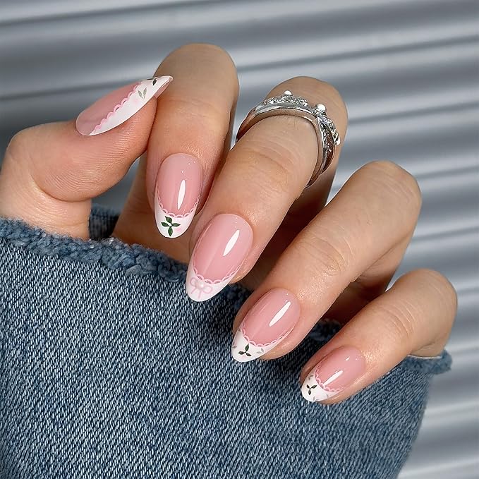 CurvLife Soft Gel Alomond Press On Nails Medium, Long-Lasting Reusable Fake Nails Kit with Glue & Tabs, 30pcs Salon-Quality Stick On Nails for Women At-Home Manicure (Lace Bloom)
