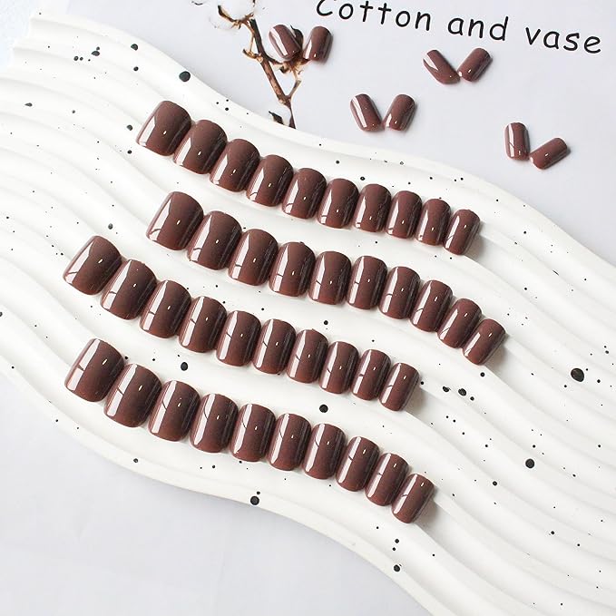 Brown Press on Nails Short Square - Natural Gel Glue on Acrylic, 48Pcs Thick Reusable Fake Nails for Women, Coffin Artificial New Solid Color
