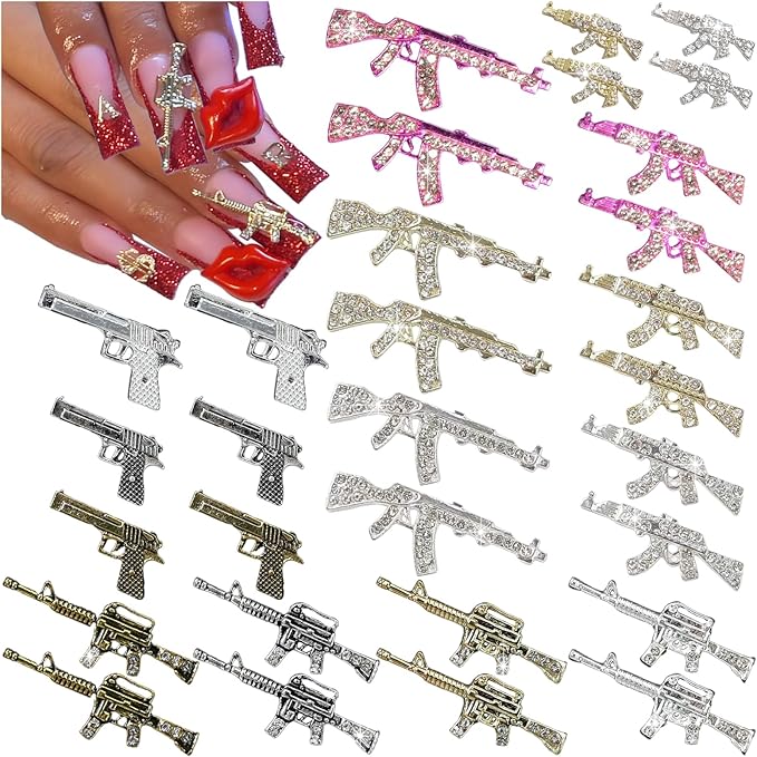 30PCS Gun Nail Charms for Acrylic Nails,Gold Silver Alloy Nail Art Decoration, Nail Stones Nail Jewels Accessories for Nail Art Supplies Manicure Craft DIY