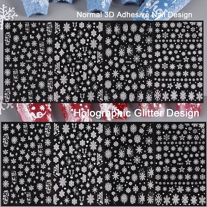 White Snowflake Nail Art Stickers 12PCS Christmas Winter Glitter Snowflakes Nail Decals with Tweezers 3D Charms Snow Flakes Stars Antlers Design Self-Adhesive Holiday Decoration Supplies for Women