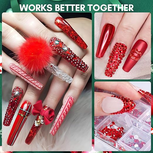 Makartt Red Nail Rhinestones Flatback Rhinestones Multi-Size Round Crystal Glass Nail Charms Diamonds Nail Jewels for DIY Crafts Makeup Nail Art Supplies Accessories Christmas Gift