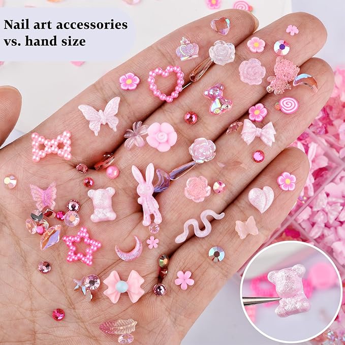 850 Pieces 3D Butterfly Rose Flower Bow Rabbit Bear Nail Charms Kit with Nail Art Rhinestones Pearls Crystal Gems Nail Slices for Manicure DIY Crafts Jewelry Accessories (Pink)
