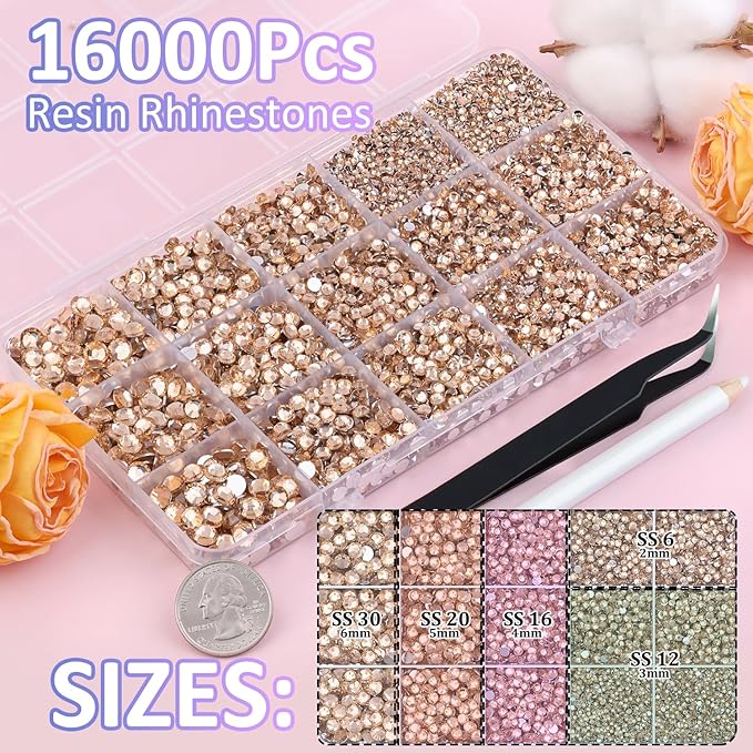 16000Pcs Resin Rhinestones with Tweezers for Crafting, Champagne 2-6mm Mixed Sizes Non Hotfix Flatback Gems, Bedazzling Crystal for DIY Crafts Clothing Tumblers Mugs Shoes Fabric Decor Nail Art