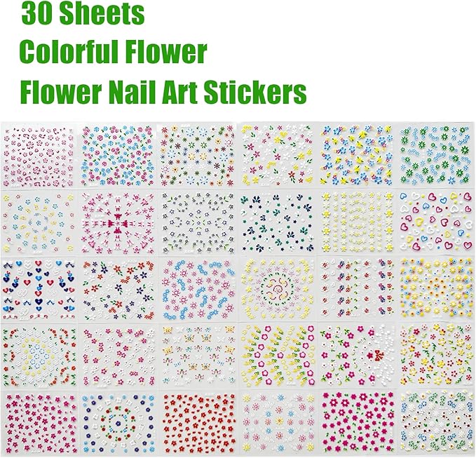 30 Sheets Flower Nail Art Sticker 3D Self-Adhesive Nail Art Supplies Colorful Flowers Rose Daisy Cherry Blossoms Nail Decals Pink Floral Nail Design for Women Acrylic Nails Decoration