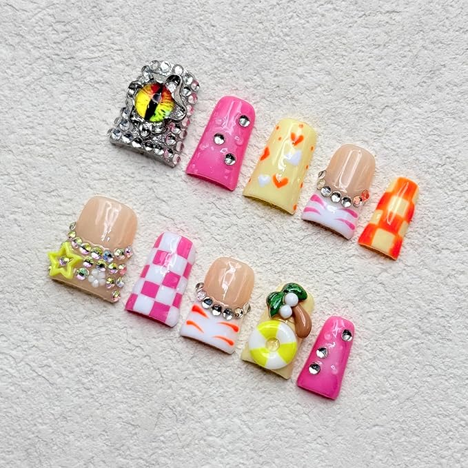Handmade Short Duck Press on Nails Luxury Rhinestone Design Fake Nails Pink Grid False Nails with Glue,Muti-Layer Gel Thick Press ons Nail Eyes Charms Reusable Acrylic Nails for Women(Size S)
