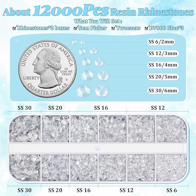 12000Pcs Resin Rhinestones for Bedazzling with 3Pcs B7000 Jewelry Glue, 2 Boxes Transparent Flatback Rhinestones for Crafting Crafts DIY, Crystals Gems for Clothing Shoes Tumblers Nail Art Makeup