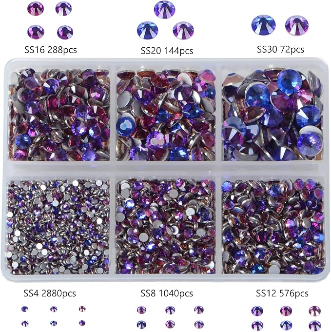 Bymitel 5000 Pieces 6 Mixed Sizes Glue Fix on Glass Rhinestones Round Crystal Gems Flatback for DIY Jewelry Making with one Picking Pen(6-Sizes 5000PCS, Purple Velvet)