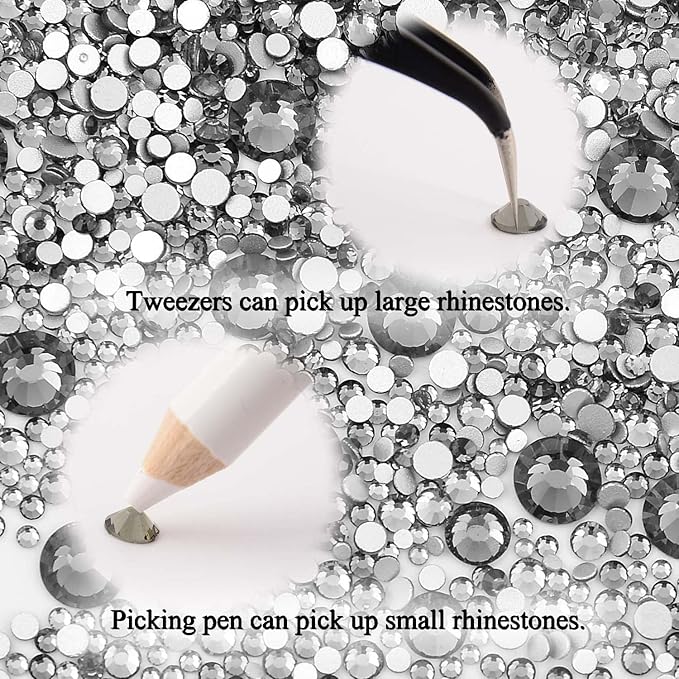NCB 8000pcs Non Hotfix Rhinestones 10 Sizes Flatback Crystal Glass Rhinestones with Tweezers and Picking Pen for Nail Art Clothes Bags Phone Decorations Crafts DIY (003 Black Diamond Mix SS3-SS30)