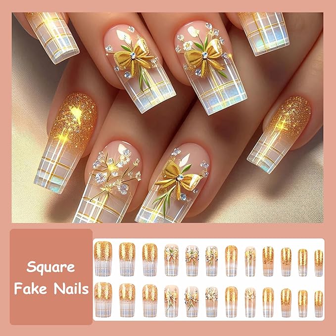MISUD Press on Nails - Long Square Fake Nails with Bling Gold Glitter, Acrylic Plaid Bow Design 24 pcs
