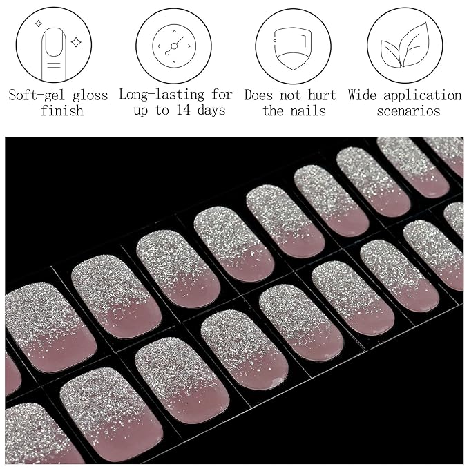 Pink Semi Cured Gel Nail Strips 20Pcs Glitter UV Gel Nail Stickers Glossy Nails Polish Strips UV/LED Light Needed Self Adhesive Full Polish Nails Wraps for Women