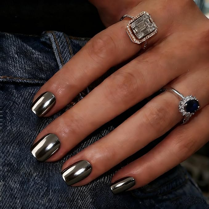 Chrome Press on Nails Short Square, Metallic Smoky Gray Fake Nails with a Sparkle Mirror Finish, Glitter Glue on Nails for Women Birthday Party, Thick Quality Soft Gel Nail Press ons 30 Pcs