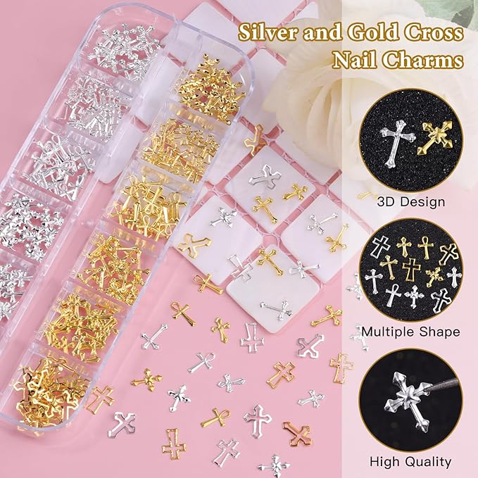 5 Boxes Gold and Silver Nail Charms, 3D Star Cross Nail Charms, Gold Silver Metal Nail Art Decoration, Bow Heart Butterfly Crown Caviar Beads Nails Studs with Pickup Tools for Nails Design DIY Craft