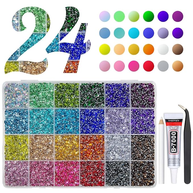 20000PCS 24 Color Resin Rhinestones w B7000 Jewelry Glue for Bedazzling Crafting 3mm 4mm Flatback Crystal Stones Rainbow Colorful Gems Diamonds Crystals for Nails Face Makeup Tumblers Crafts