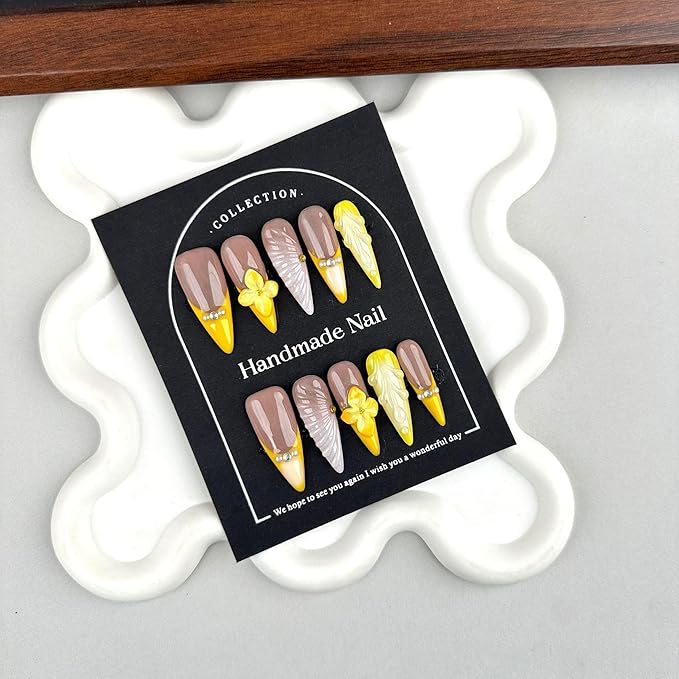 100% 5D Handmade Press on Nails with Charms Long Stiletto Nails Press ons- Waterdrop False Nails Ombre Orange Yellow Press on Nails Summer Fake Nails for Women Girls Daily Wear DIY Manicure Size M