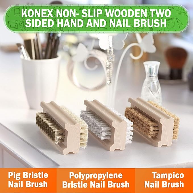 Konex Non-Slip Wooden Two-sided Hand and Nail Brush. Fingernail Brush for Nail Cleaning and Scrubbing. Heavy duty Stiff Nail Brush for Travel. Mechanic hand scrub brush with molded grip. (Pack of 2)