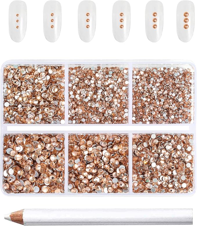 Beadsland 7200pcs Flatback Rhinestones,Champagne Rhinestone Nail Gems Round Crystal Rhinestones for Crafts,Mixed 6 Sizes with Wax Pencil Kit, SS3-SS10,Light Peach