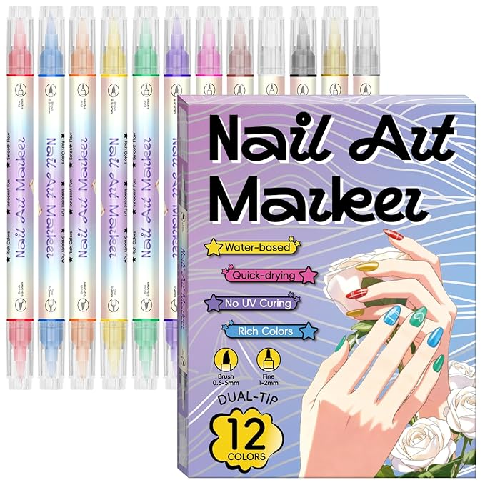 12 Colors Nail Art Pens Set, Dual-Tip Nail Polish Pens, Nail Art Markers, Multifunctional 3D Acrylic Paint Nail Art Marker Pens for Nail Art DIY Point Dotting Graffiti Drawing, Quick-Dry Waterproof