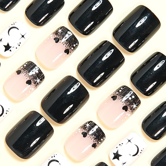 Black Press on Nails Short - Square Fake Nails with Moon Star Design - Glossy Full Cover Stick on False Nails - for Women 24 Pcs