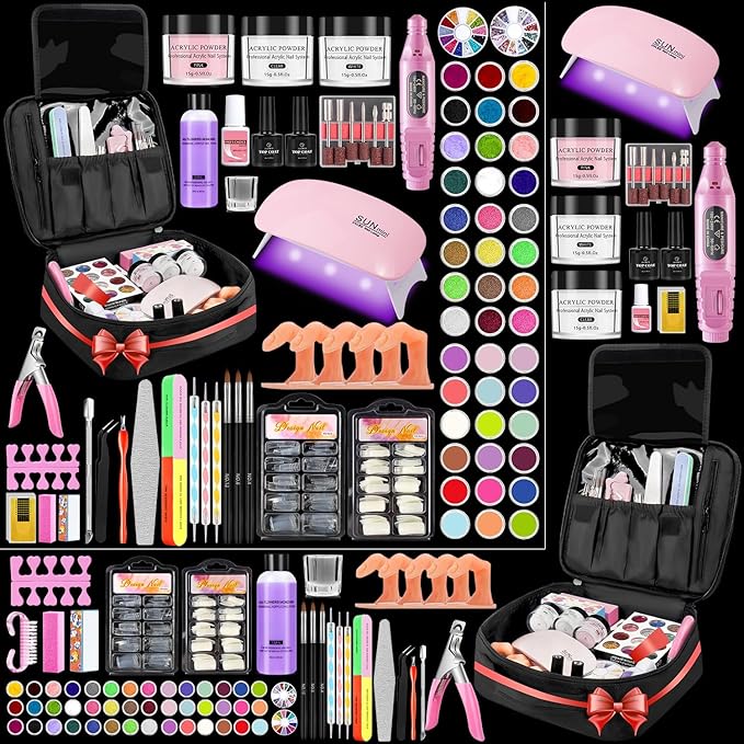 Professional Acrylic Nail Kit for Beginners - 42 Colors Glitter Powder, Liquid, UV Light, Drill, Practice Finger Nail Bag Organizer Case