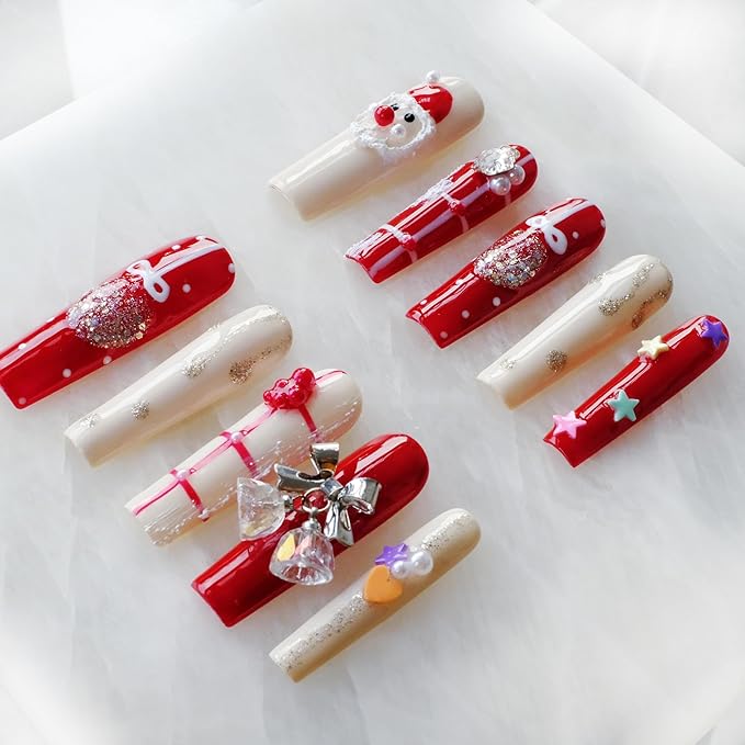 Christmas Press-On Nails, Long Coffin Shape, Red and White Holiday Design with Snowman and Bows, 10 Pieces (Small, LS)