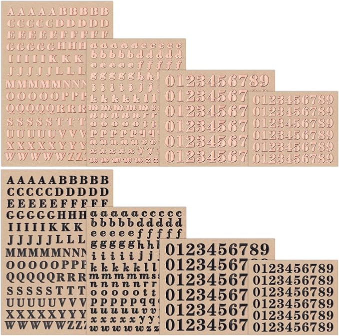 ANCIRS 8 Sheets Resin Mini Letter Stickers for Nail Art, Glittering Epoxy Alphabet Number, Self Adhesive Scrapbook for DIY Craft (Black, Rose Gold)