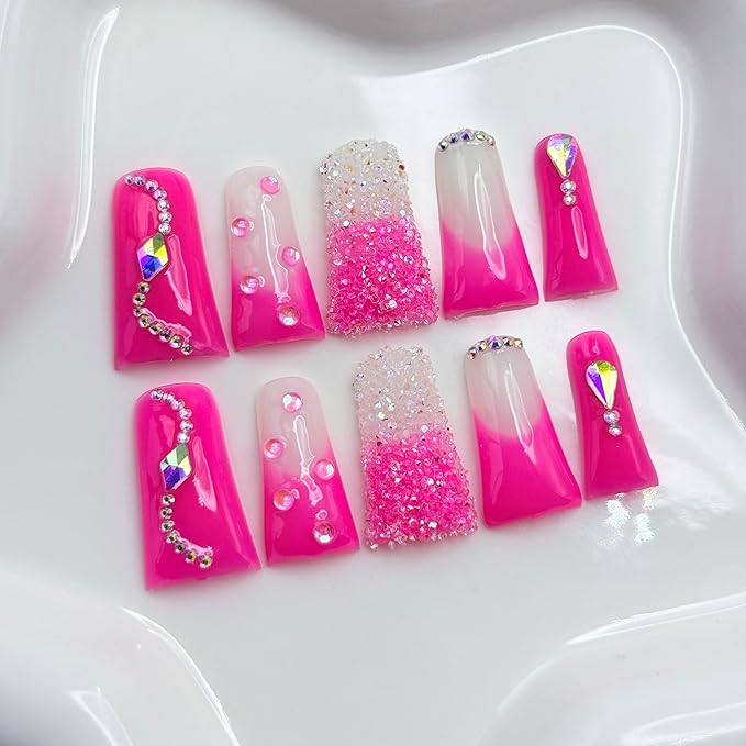 Handmade Press on Nails Long Duck Nails with Glue,Rose Pink Fake Nails with Rhinestone Design Reusable Acrylic Nature Stick on Nail Luxury False Nails for Wome (Size M)