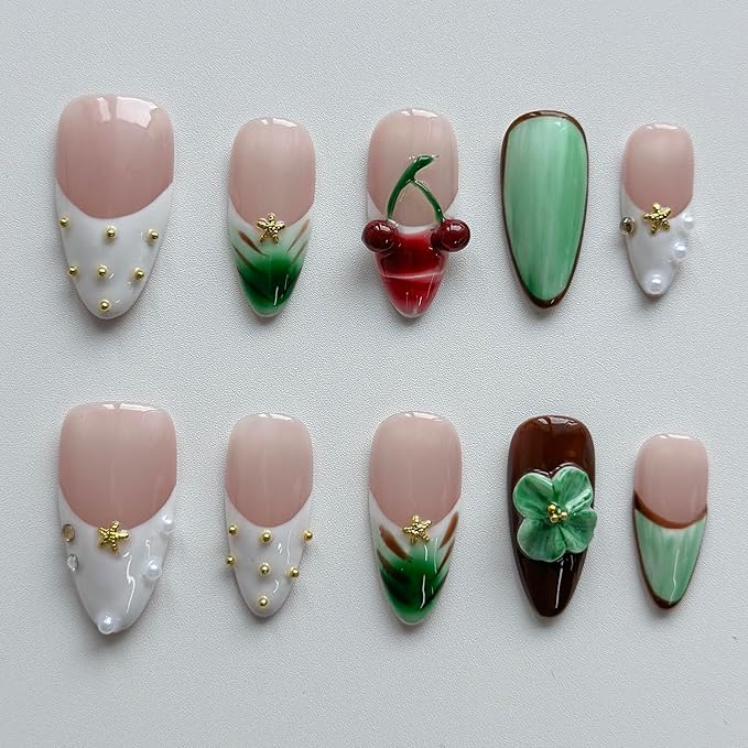 Luxury Press on Nails Medium Almond Handmade 3D Unique Reusable ABS Material Fake Nails French Tip False Nails with Designs Floral Cherry Rhinestones Pearls Glossy Glue on Nail Thick Acrylic Nail(M)