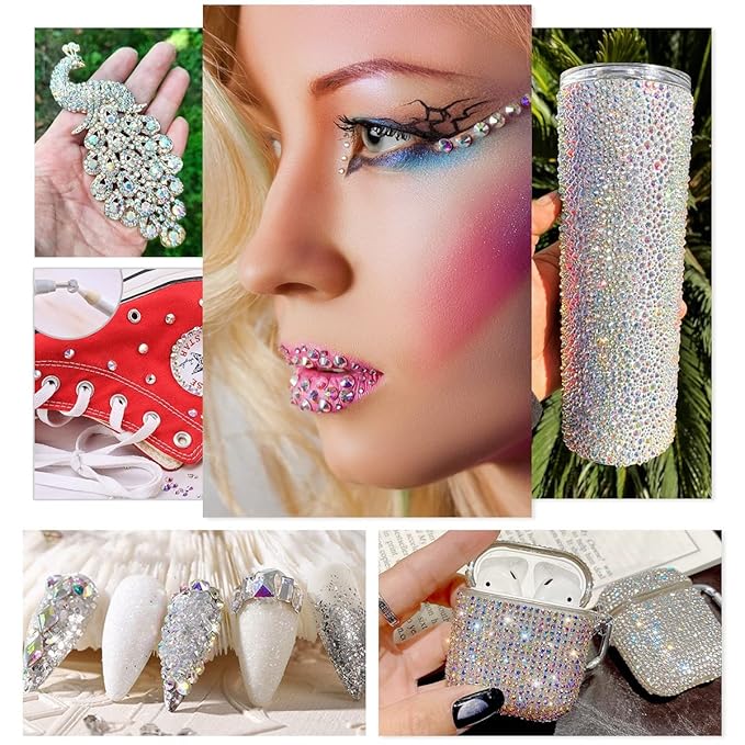 2052Pcs Crystal AB Nail Rhinestones AB Crystal Nail Charms 72 Multi Shapes Flatback Rhinestones Big Nail Art Gems +1980 Round Beads K9 Glass Stones Diamonds Jewels for Nails Faces Eyes Makeup