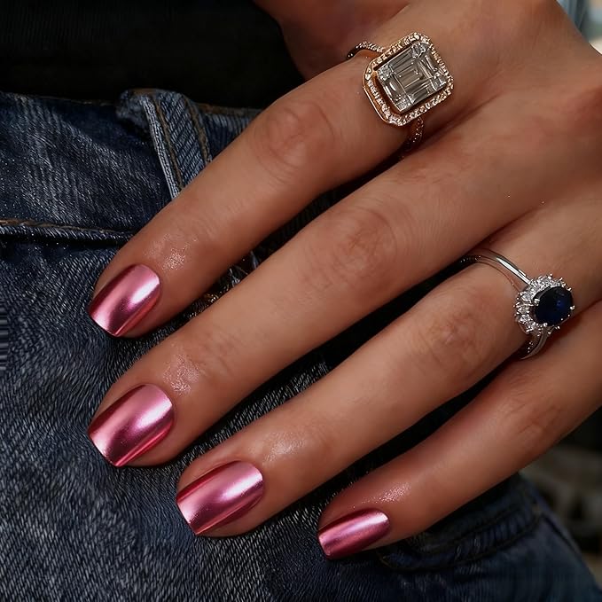 Chrome Press on Nails Short Square, Metallic Baby Pink Fake Nails with a Sparkle Mirror Finish, Glitter Glue on Nails for Women Birthday Party, Thick Quality Soft Gel Nail Press ons 30 Pcs
