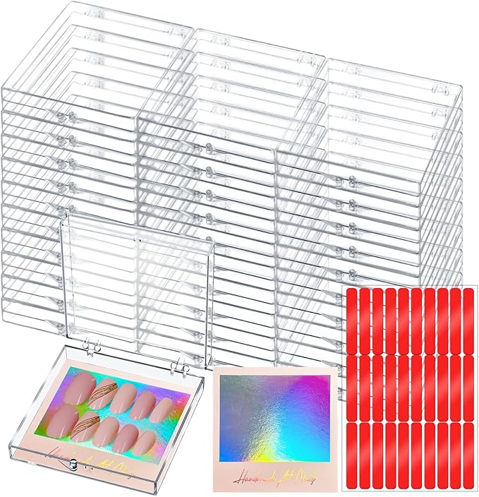 CloudTrip 30Boxes + 30 Instruction Cards Large (8 x 8cm) Press On Nail Packaging Storage Box and 90pcs Adhesive Tabs - Acrylic Organizer Case for Artificial Nail for Nail Business Supplies