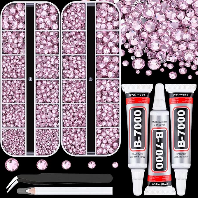Resin Rhinestones for Crafting with B7000 Jewelry Glue, 2 Boxes Light Pink Flatback Crystals with 3Pcs 10ml Glue for Bedazzling Crafts DIY Nail Art Makeup, Gems for Clothing Shoes