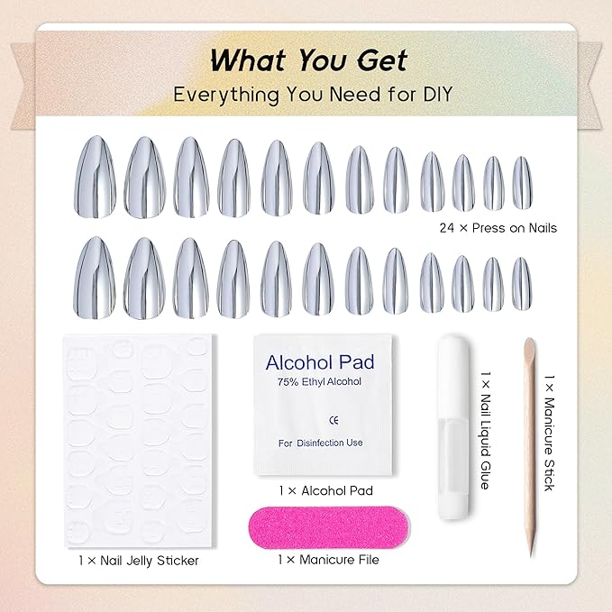 Chrome Press On Nails Almond, Metallic Sliver Mirrored Glue on Nails Medium Press Ons, Acrylic Natural Fit Stick on Nails in 12 Sizes - 24Pcs Fake Nail Kit for Women Daily & Party Wear