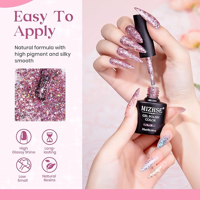 MIZHSE Glitter Gel Nail Polish Pink Sparkly Diamond Holographic Effect Soak off UV LED Gel Polish Chunky Gels Home DIY Salon Nails Art Design