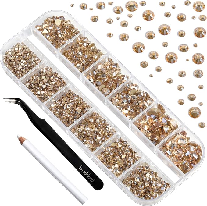 Beadsland Rhinestones for Makeup,8 Sizes 2500pcs Gold Flatback Rhinestones Eye Gems for Nails Crafts with Tweezers and Wax Pencil,Golden Shadow,SS4-SS30
