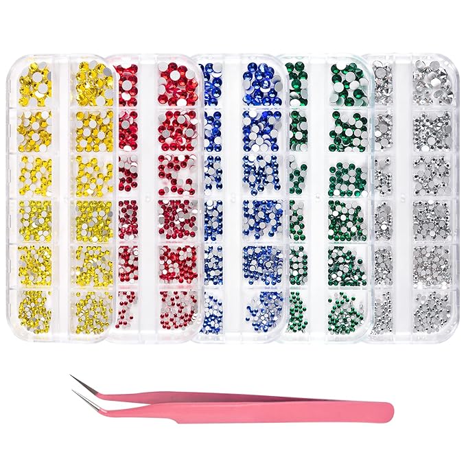 KADS Nail Crystals AB Nail Art Rhinestones 5 Colors Round Beads Flatback Glass Charms Gems Stones 6 Sizes for Nails Decoration Makeup Clothes Shoes (5 Colors+ Tweezer 1)