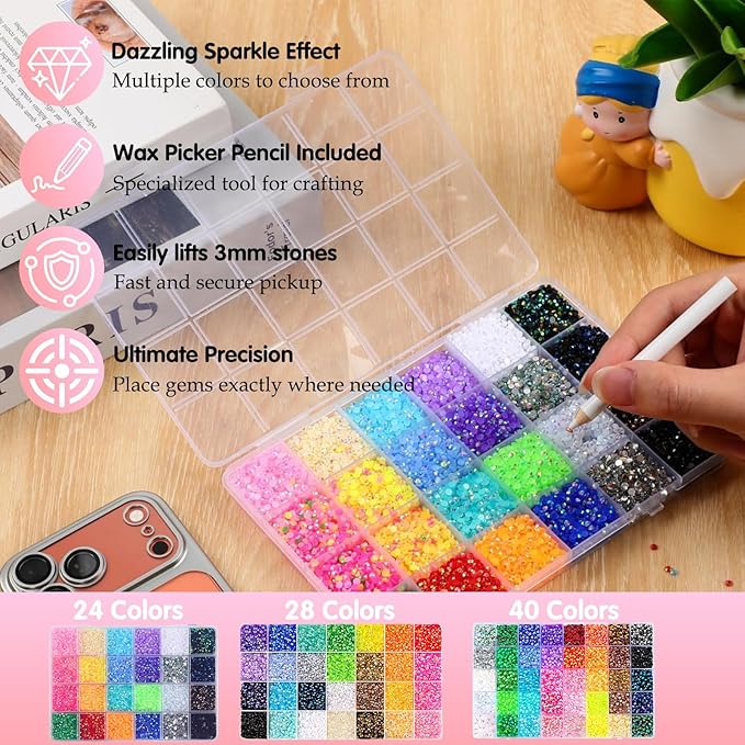 32000Pcs 40 Colors Resin Jelly Rhinestones for Bedazzling, Multicolor 3mm Flatback Gems for Diamond Art 3Pcs Jewelry Glue for Bedazzled Nail Art Makeup Crafting Book Shoes