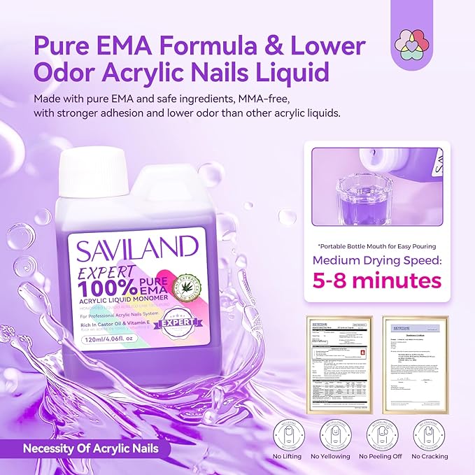 SAVILAND EMA Monomer Acrylic Nail Liquid: 4 fl. oz/120 ml Low Odor Castor Oil Vitamin E Acrylic Liquid Professional Pure EMA Nail Monomer Liquid Nail Tech Salon For DIY Home & Nail Salon Use