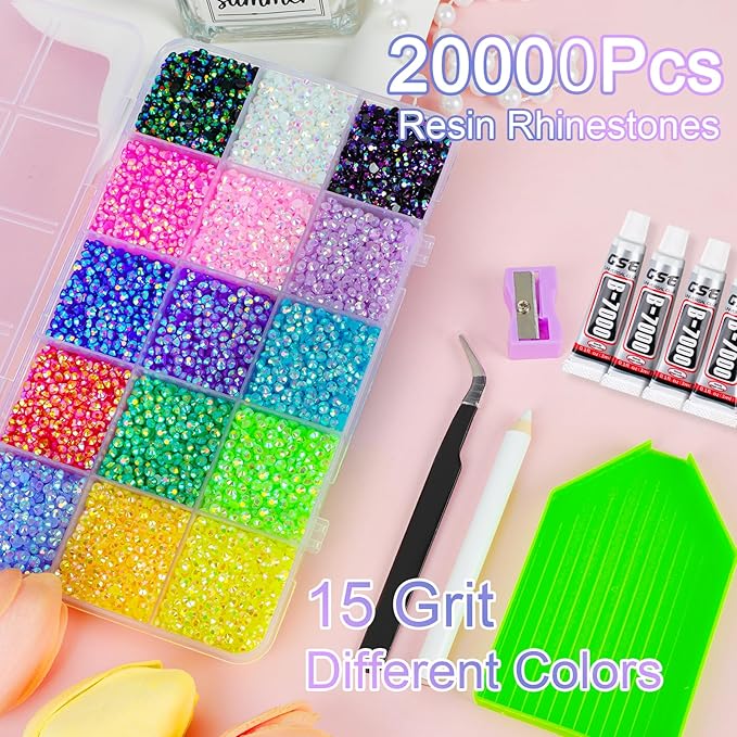 Canvalite 18000PCS Nail Rhinestones for Crafting, Multicolor 3mm Flatback Rainbow Gems, Bedazzling Crystal with 4Pcs 2.5g Jewelry Glue for DIY Crafts Clothing Shoes Nail Art,Stocking Stuffers Gifts