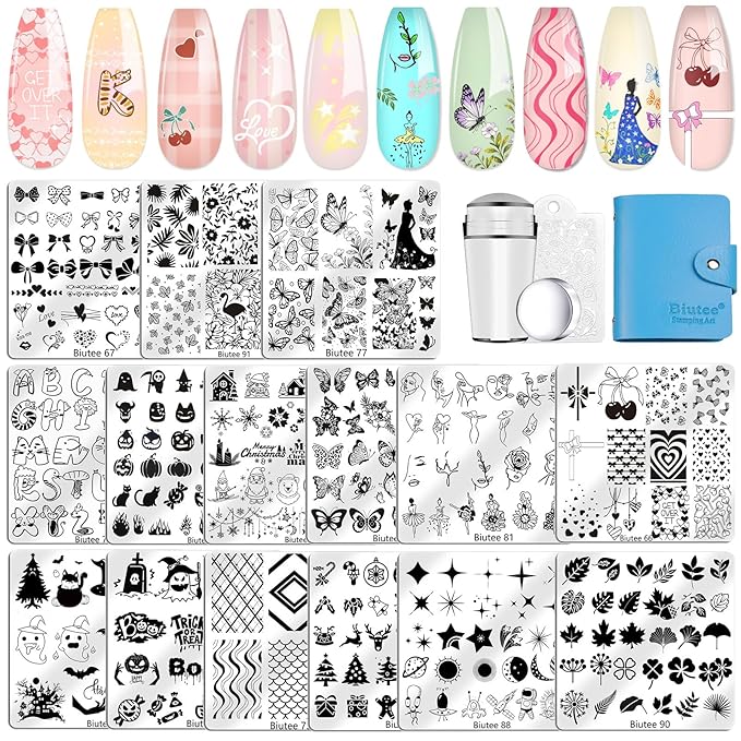 Biutee Nail Stamping Plate 15PCS Nail Stamper Kit Nail Art Stamping Plates Set with Nail Stamper, Scraper & Storage Bag, Nail Stamping Kit Star Bowknot Love Butterfly Leaf Design Template