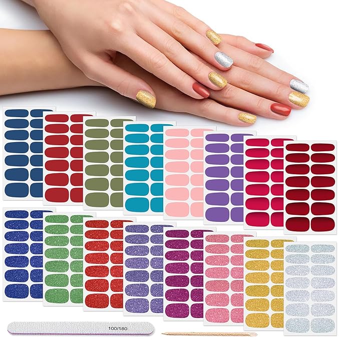DANNEASY 16 Sheets Glitter Solid Color Nail Polish Strips Self Adhesive Nail Stickers Full Nail Wraps Nail Strips for Women Nail Art with 1pc Nail File, Cuticle Stick (Mix Color)