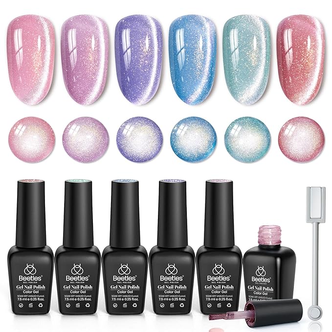 Beetles Romantic Galaxy Cat Eye Gel Nail Polish Set - 6 Colors Glitter Gel Polish Kit Pink Blue Purple Red Green Velvet Gel Magnet Soak Off UV French Nail Art Manicure Spring Summer Gift for Women