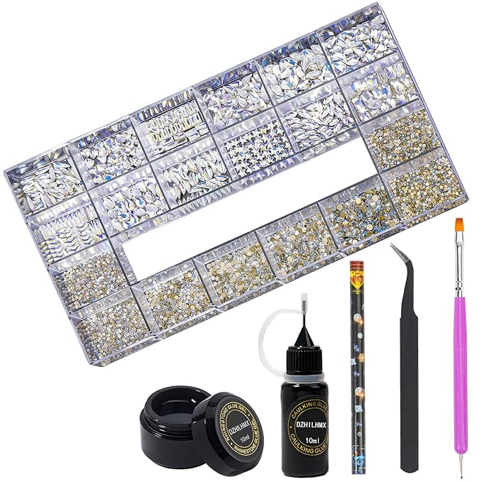 HNUIX Nail Rhinestones - 4550pcs Crystal Blue Moonlight, Multiple Shape Gems, Flatback Rhinestones, with Kit and Glue Gel, for Nail Art