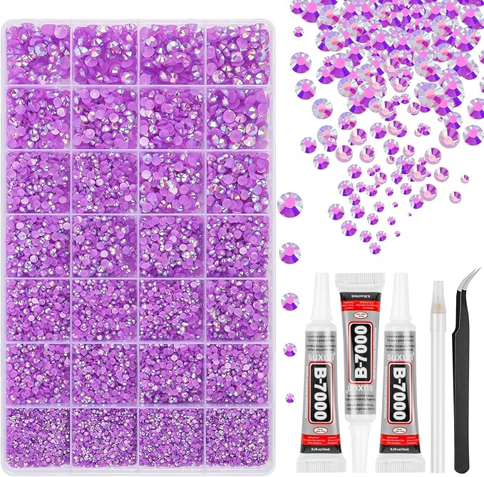 33000Pcs Light Purple AB Resin Jelly Rhinestones for Bedazzling, 2-6mm Flatback Gems for Diamond Art, Bedazzler Kit with 3Pcs 10ml B7000 Jewelry Glue for Crafting Crafts Nail Art