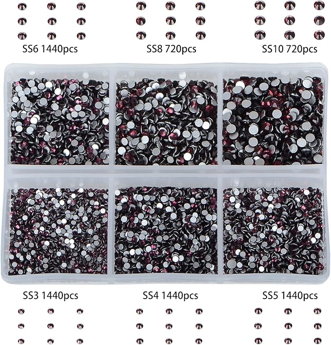 Bymitel 7200 Pieces 6 Mixed Sizes Glue Fix on Glass Rhinestones Round Crystal Gems Flatback for DIY Jewelry Making with one Picking Pen(6-Sizes 7200PCS, Amethyst)