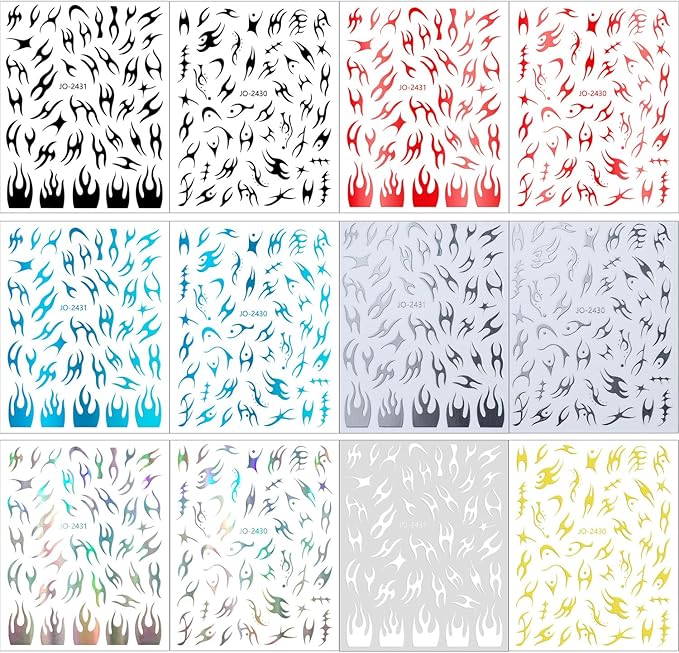 Irregular Geometric Line Nail Art Sticker Flame Pattern Nail Decals Holographic Gold Silver Black White Red Blue Nail Art Sticker Decals 3D Self-Adhesive Nail Sticker Design for Women DIY Manicure