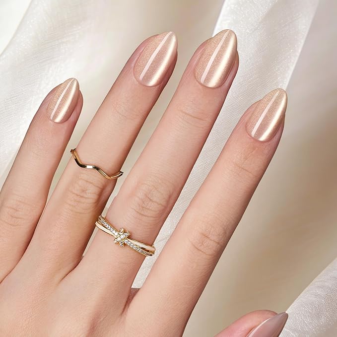 Beetles Motion Glow Nail Tips, Cat Eye Short Almond Nail Tips Set, Full Cover Fake Nail Tips Soft Nail Gel Extensions for Nail Art, 160PCS 16 Sizes, Salon Quality Look DIY Manicure Honey Glow